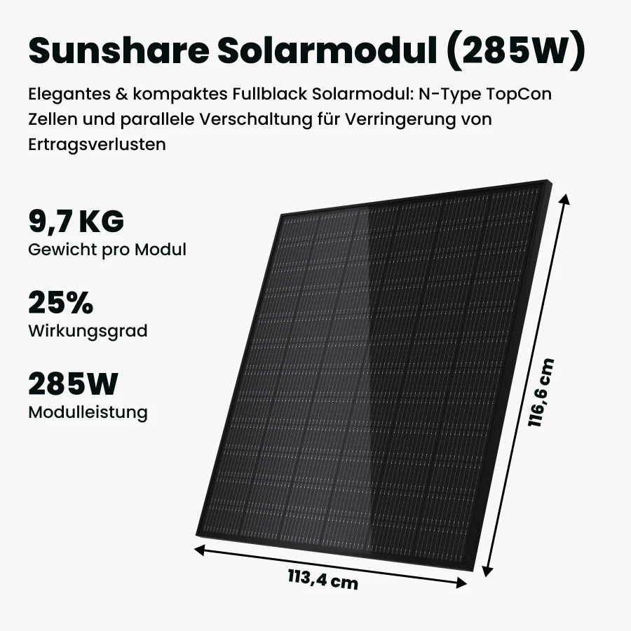 Sunshare Balkonkraftwerk für Flachdach- oder Bodenmontage 285W - 1140W